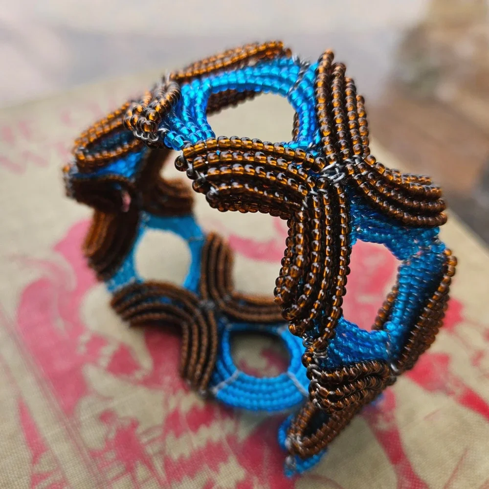 Handmade Beaded Wire Bracelet Brown Blue Geometric Statement Bangle